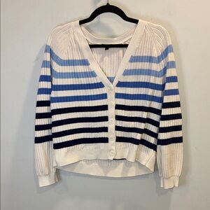 Talbots Cream Cardigan with Light Blue and Navy Stripes